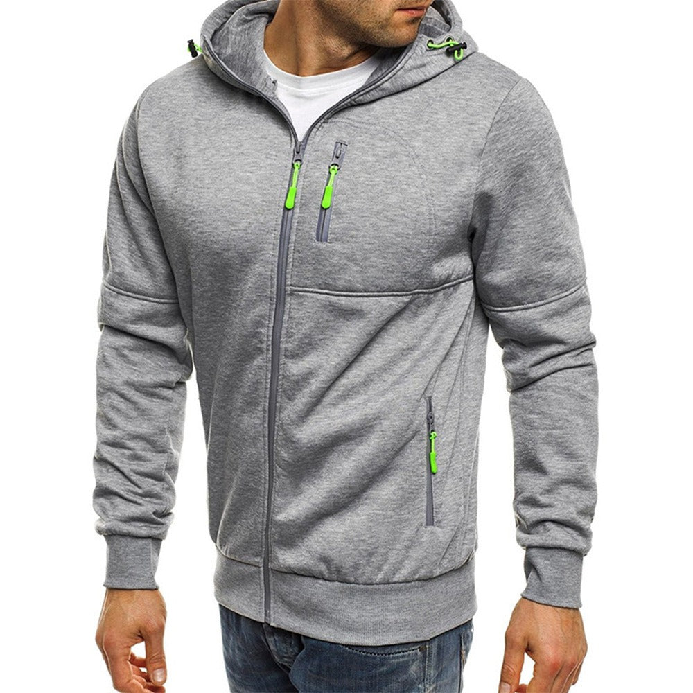 Men's Sports Casual Full Zipper Long-Sleeved Hooded Sweater with Pockets Jogging Track and Filed Gym Training Hoodie