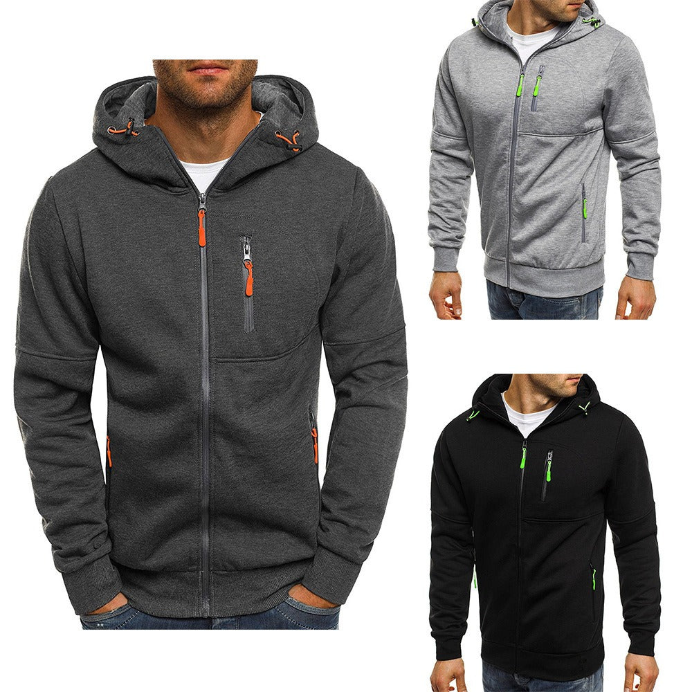 Men's Sports Casual Full Zipper Long-Sleeved Hooded Sweater with Pockets Jogging Track and Filed Gym Training Hoodie