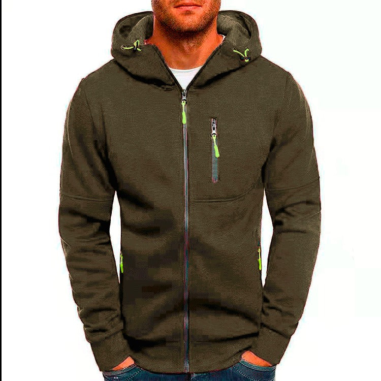 Men's Sports Casual Full Zipper Long-Sleeved Hooded Sweater with Pockets Jogging Track and Filed Gym Training Hoodie
