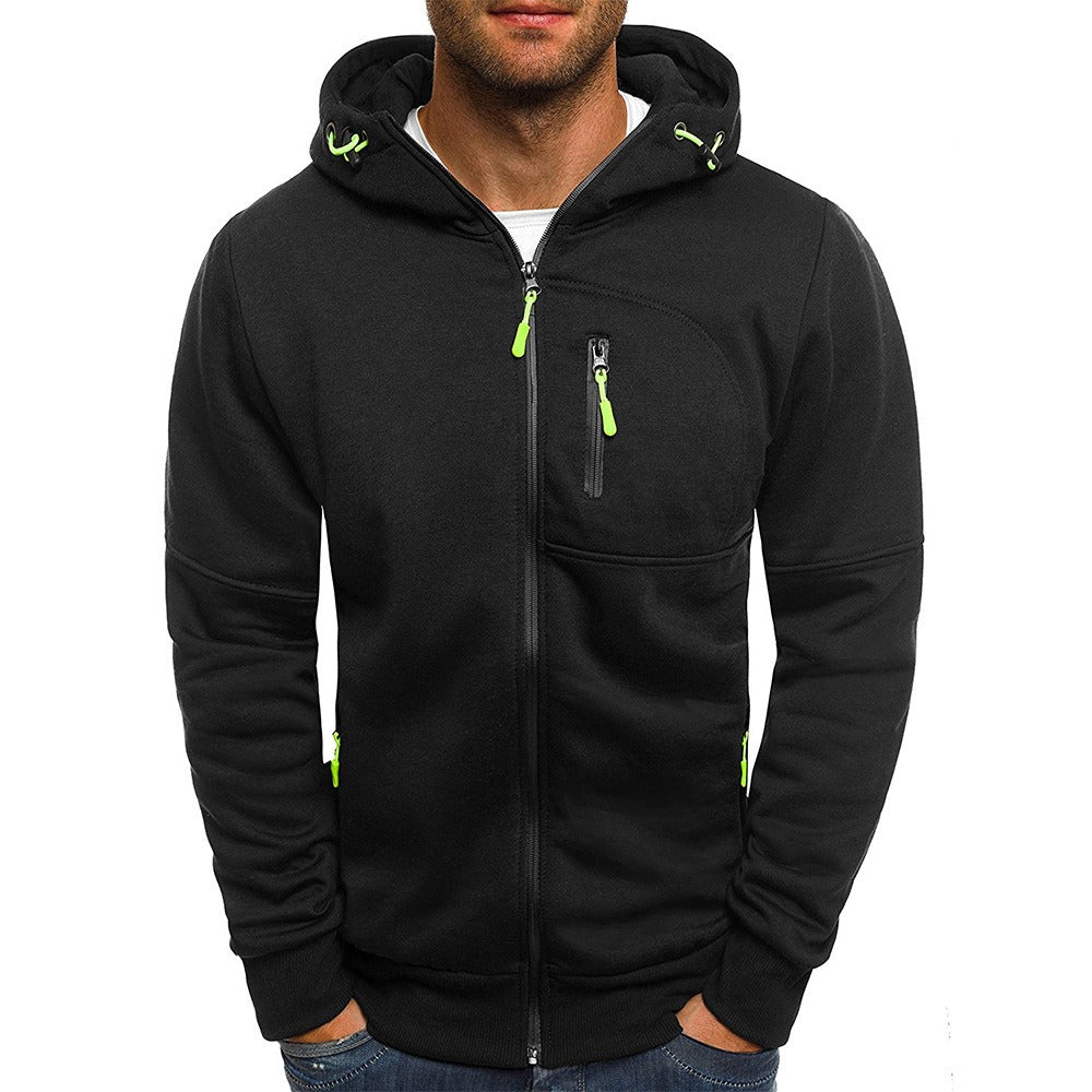 Men's Sports Casual Full Zipper Long-Sleeved Hooded Sweater with Pockets Jogging Track and Filed Gym Training Hoodie