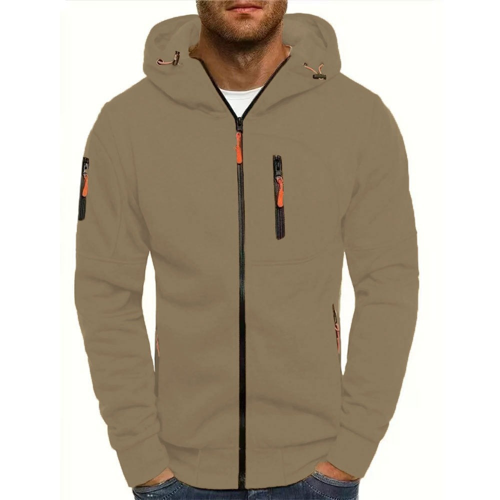 Men's Sports Casual Full Zipper Long-Sleeved Hooded Sweater with Pockets Jogging Track and Filed Gym Training Hoodie