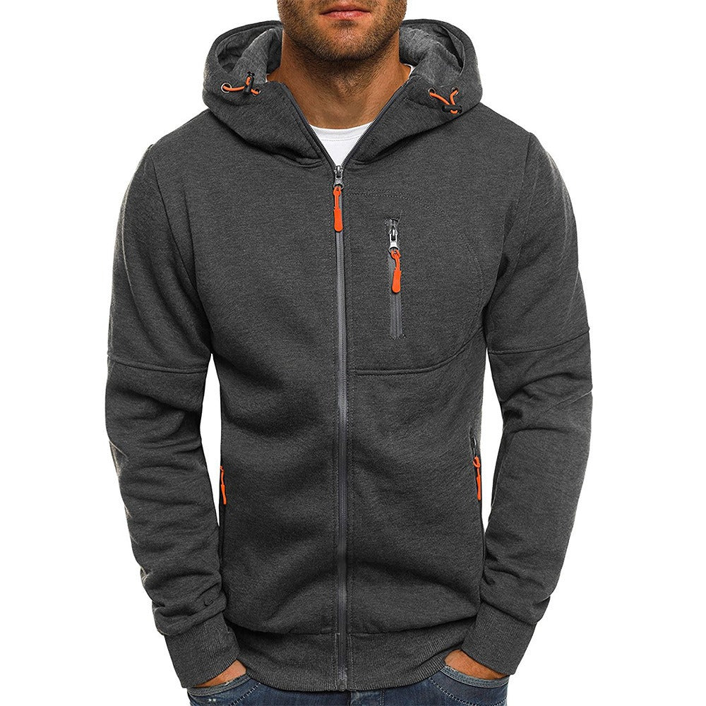 Men's Sports Casual Full Zipper Long-Sleeved Hooded Sweater with Pockets Jogging Track and Filed Gym Training Hoodie