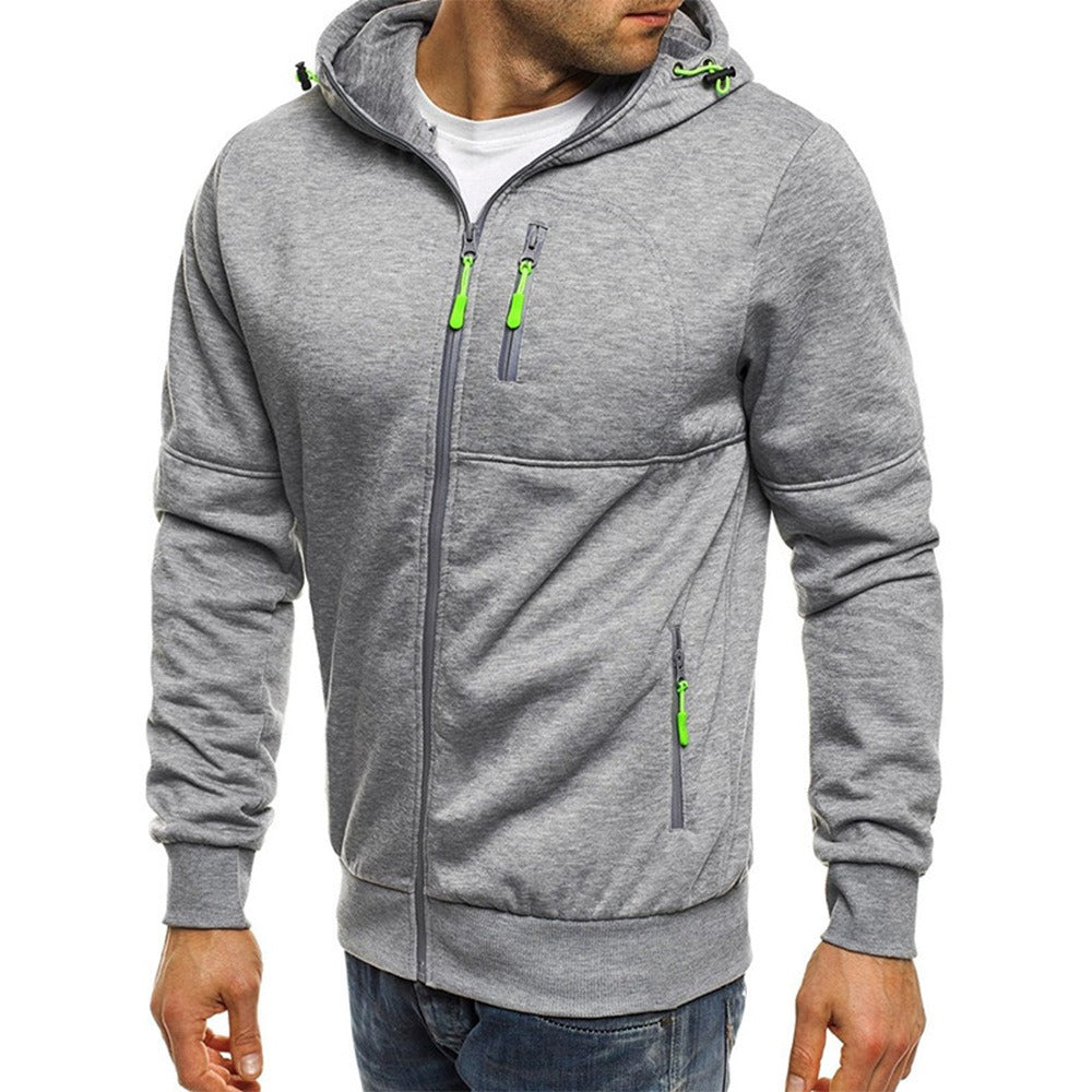 Men's Sports Casual Full Zipper Long-Sleeved Hooded Sweater with Pockets Jogging Track and Filed Gym Training Hoodie