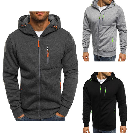 Men's Sports Casual Full Zipper Long-Sleeved Hooded Sweater with Pockets Jogging Track and Filed Gym Training Hoodie